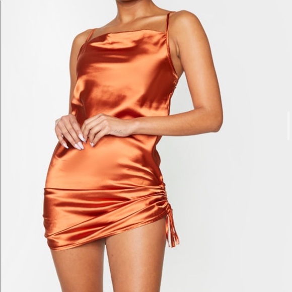 PrettyLittleThing Dresses & Skirts - Pretty Little Thing | Rust Satin Strappy Cowl Neck Ruched Bodycon Dress